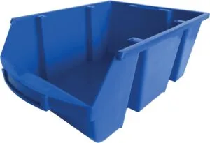 Blauwe Viso magazijnbak van 28 liter met etikethouder en handvat vooraan