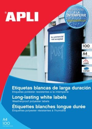 Apli Weerbestendige etiketten ft 210 x 297 mm (b x h), 100 stuks, 1 per blad, doos van 100 blad — waterbestendige etiketten