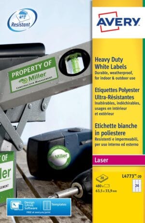 Doos Avery ultra-sterke witte polyester etiketten A4 met 24 etiketten per vel