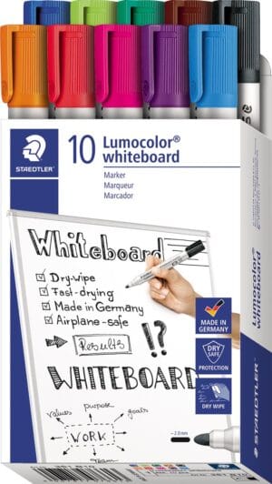 Doos Staedtler Lumocolor whiteboardmarkers met 10 stiften in geassorteerde kleuren
