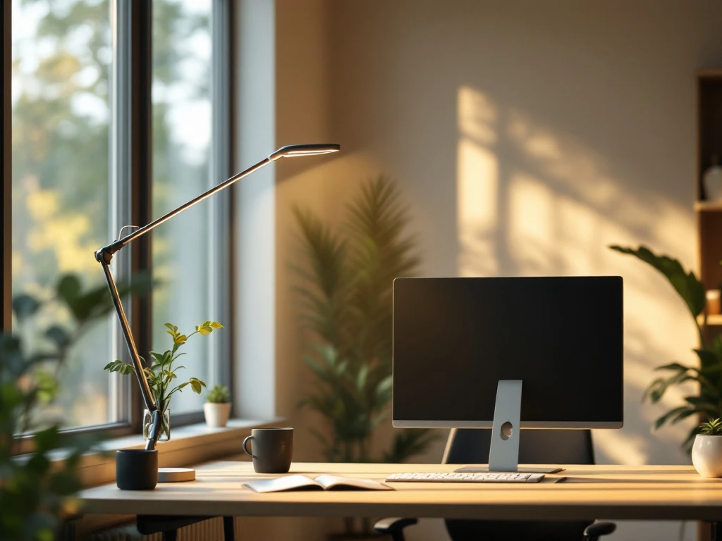 Een moderne, ergonomische kantoorruimte met natuurlijk licht, een verstelbare LED-lamp, groene accenten en een minimalistische werkplek.