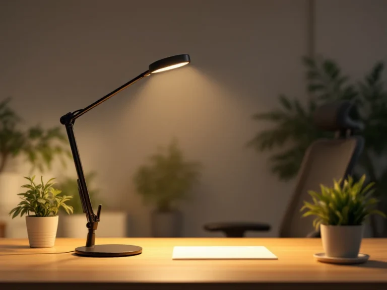 Een moderne kantooropstelling met een verstelbare lamp op een houten bureau, ergonomische stoel en planten voor een rustgevende sfeer.
