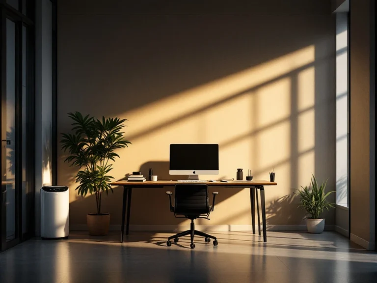 Een moderne kantoorruimte met ergonomisch meubilair, warme verlichting en een luchtzuiveraar, benadrukt productiviteit en welzijn.