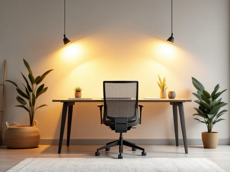 Moderne kantoorruimte met ergonomisch meubilair, warme verlichting, een laptop, en een plant; bevordert productiviteit en welzijn.