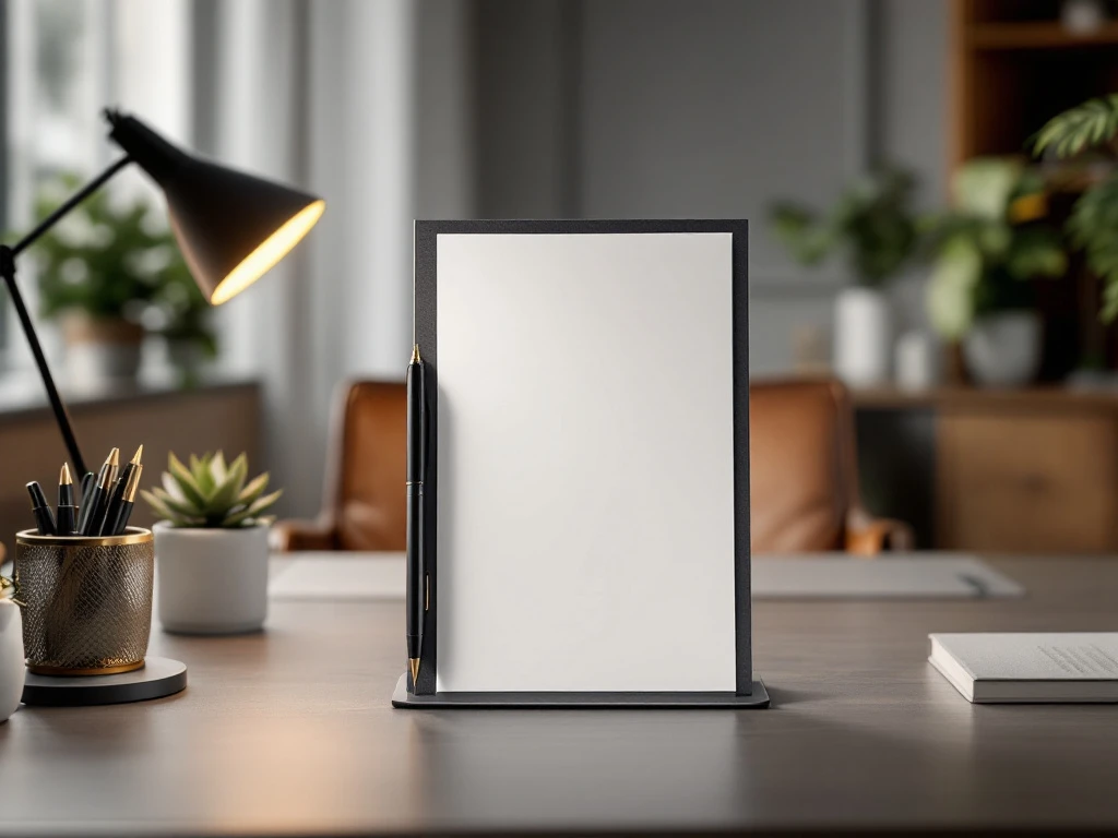 Een A5-papier op een modern bureau met ergonomische accessoires, een plant en warme verlichting, straalt professionaliteit uit.