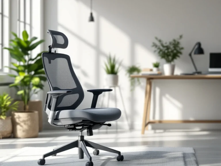 Ergonomische bureaustoel met verstelbare armleuningen en lendensteun in modern kantoor, met bureau, laptop en plant op achtergrond.