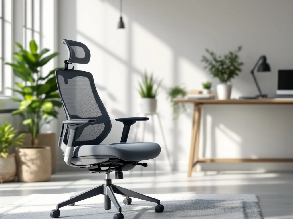 Ergonomische bureaustoel met verstelbare armleuningen en lendensteun in modern kantoor, met bureau, laptop en plant op achtergrond.