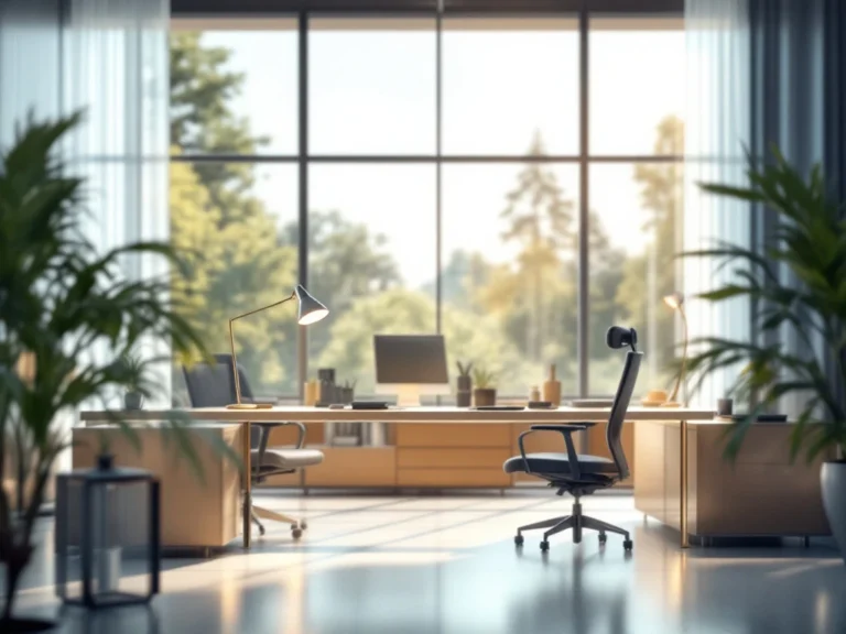 Een moderne kantoorruimte met natuurlijk licht, ergonomische stoelen, LED-lampen en een stijlvolle werkplek met glazen en metalen accenten.
