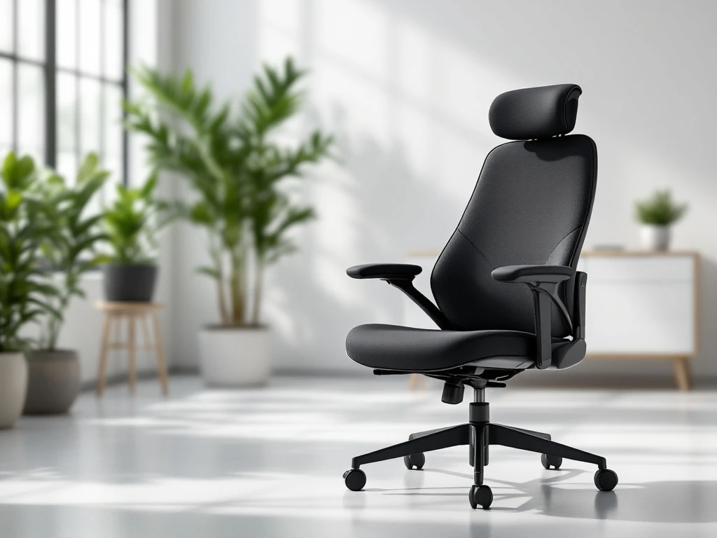 Ergonomische bureaustoel met verstelbare hoofdsteun en lumbale steun in een moderne kantooromgeving met natuurlijke lichtinval.
