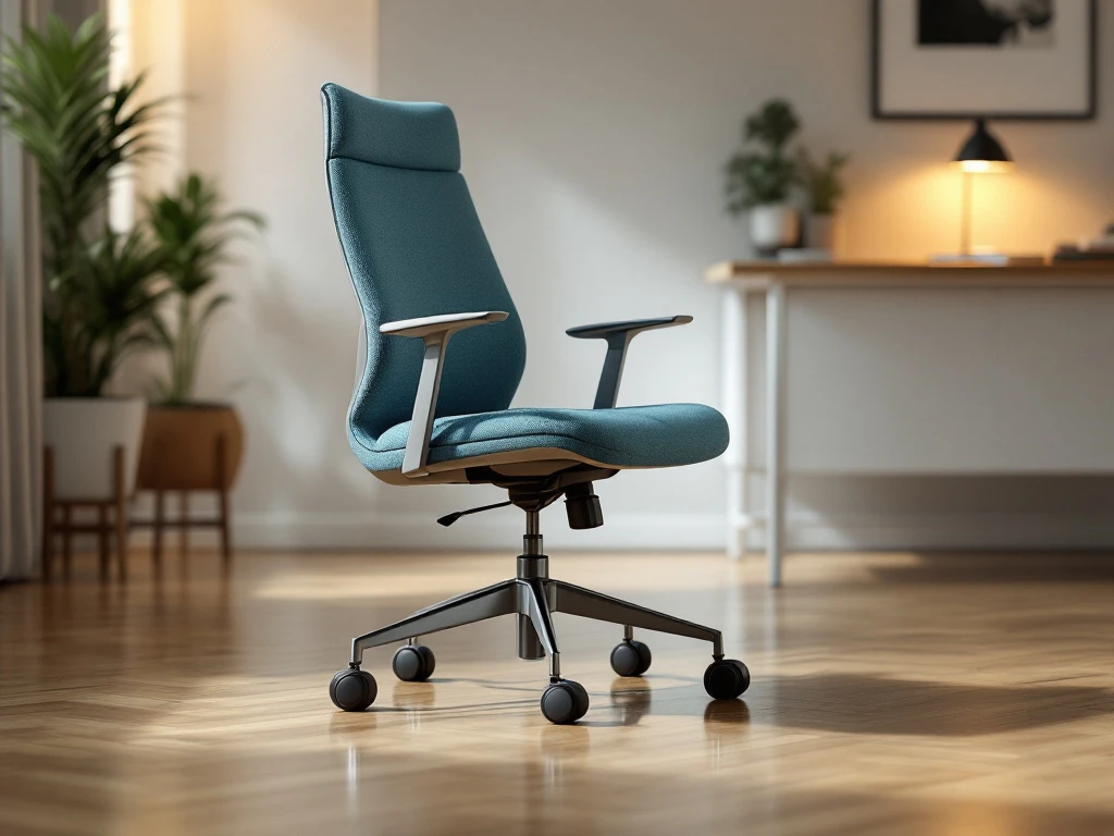 Moderne ergonomische bureaustoel met slanke wielen op houten vloer in stijlvolle werkruimte, omgeven door subtiele meubels en een plant.
