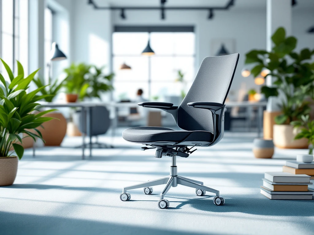 Een ergonomische bureaustoel met transparante wieltjes in een modern kantoor, omgeven door kantoorbenodigdheden en groene planten.