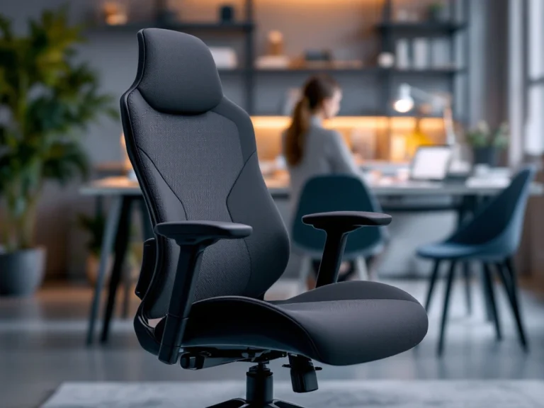 Een moderne, ergonomische bureaustoel in een stijlvolle werkruimte met een hoog rugleuning en verstelbare armleuningen, ideaal voor comfort.