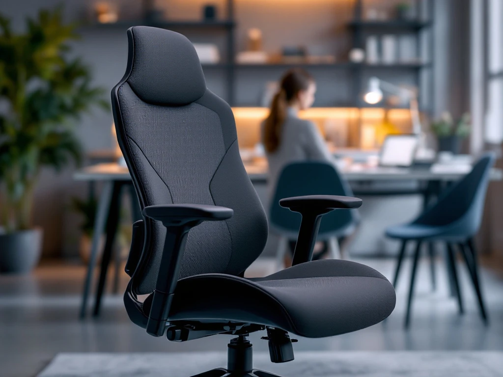 Een moderne, ergonomische bureaustoel in een stijlvolle werkruimte met een hoog rugleuning en verstelbare armleuningen, ideaal voor comfort.