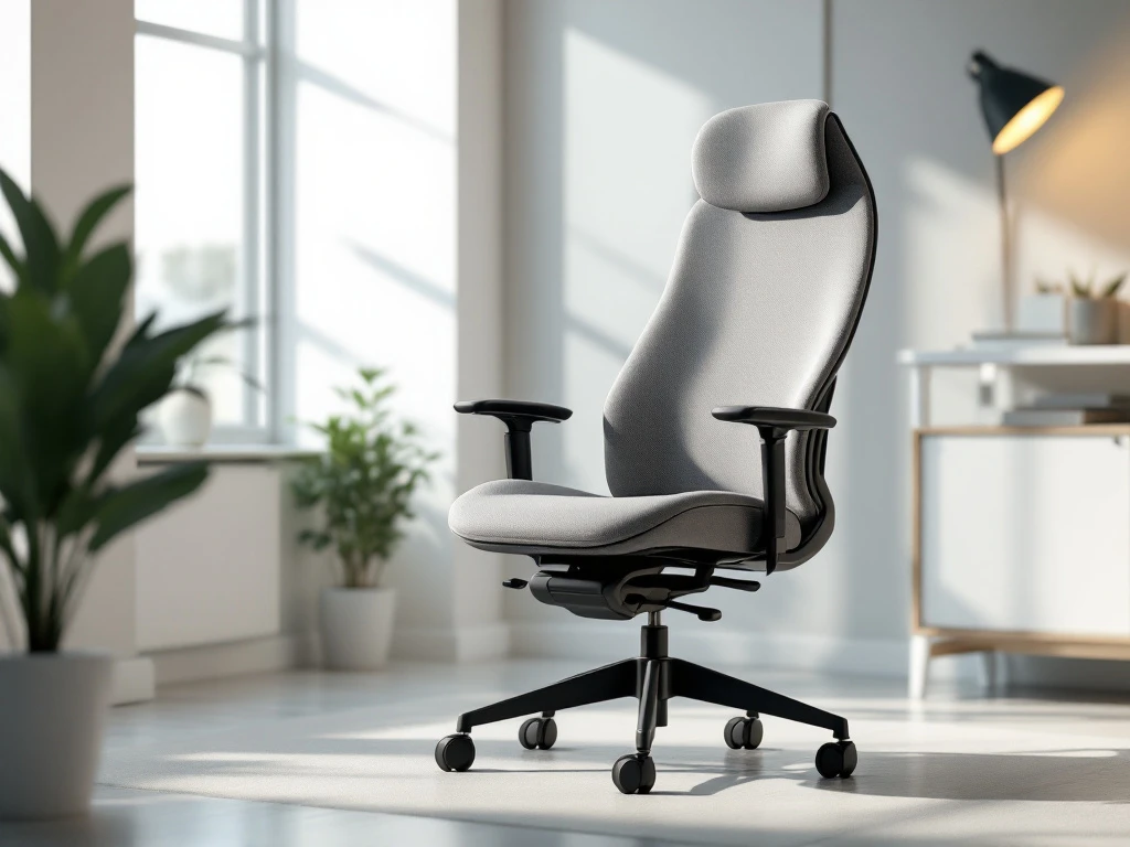 Ergonomische bureaustoel voor lange personen in een modern kantoor, met verstelbare functies en ademende stof, in zacht natuurlijk licht.