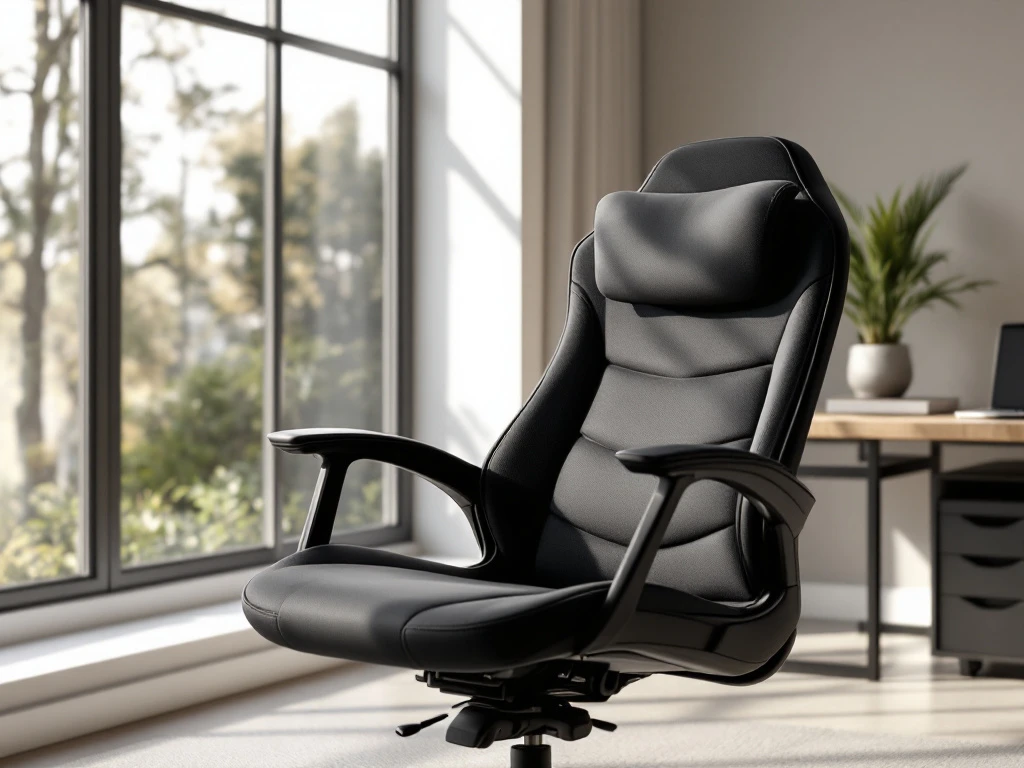 Fotorealistische afbeelding van een ergonomische bureaustoel voor lange mensen in een moderne kantooromgeving met natuurlijke lichtinval.