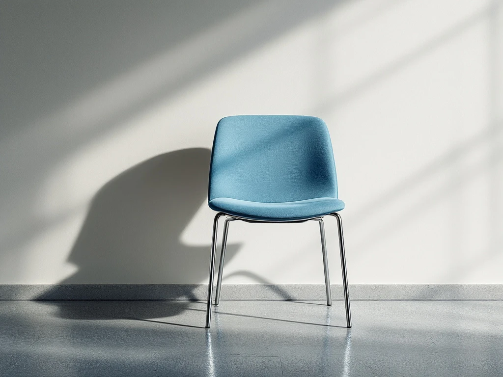 Ergonomische kantinestoel met chromen frame en blauwe eco-stof, in een minimalistische kantooromgeving met zachte, natuurlijke verlichting.