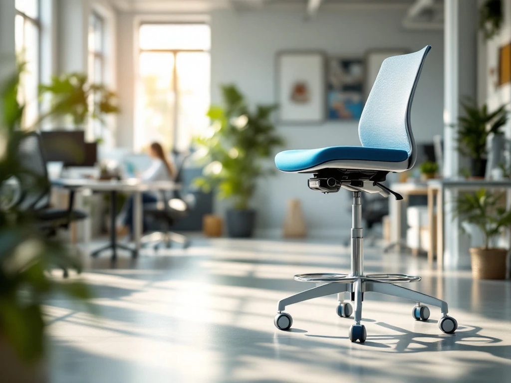 Een moderne kantooromgeving met een elegante ergonomische kruk in het midden, omgeven door minimalistische bureaus en stoelen.