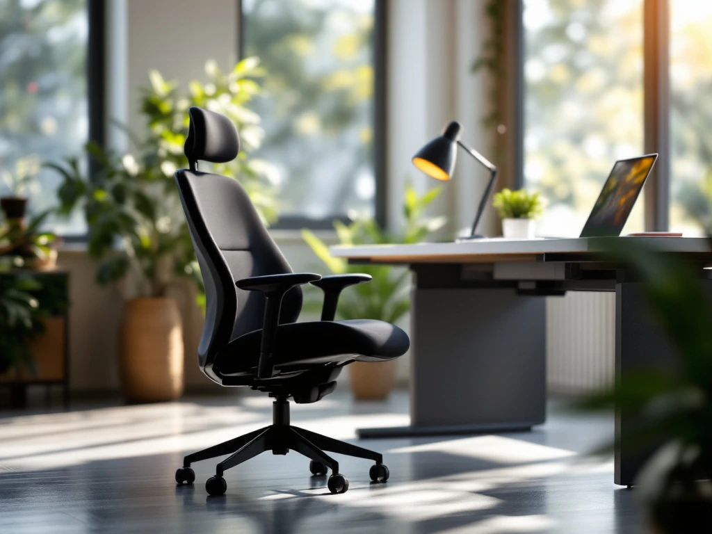 Moderne werkplek met ergonomische stoel, daglicht, groene accenten en strakke organisatie, benadrukt comfort en productiviteit.