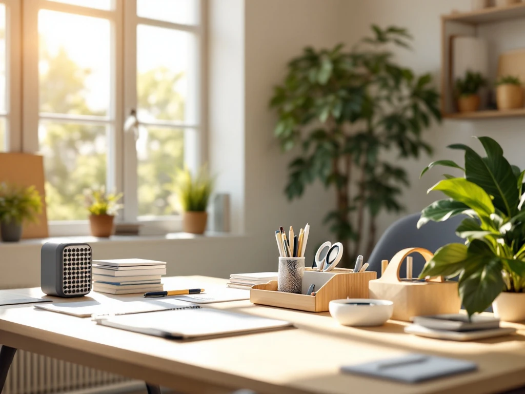 Een georganiseerde werkruimte met ergonomisch meubilair, zonlicht, planten en kantoorbenodigdheden in een rustgevend kleurenpalet.