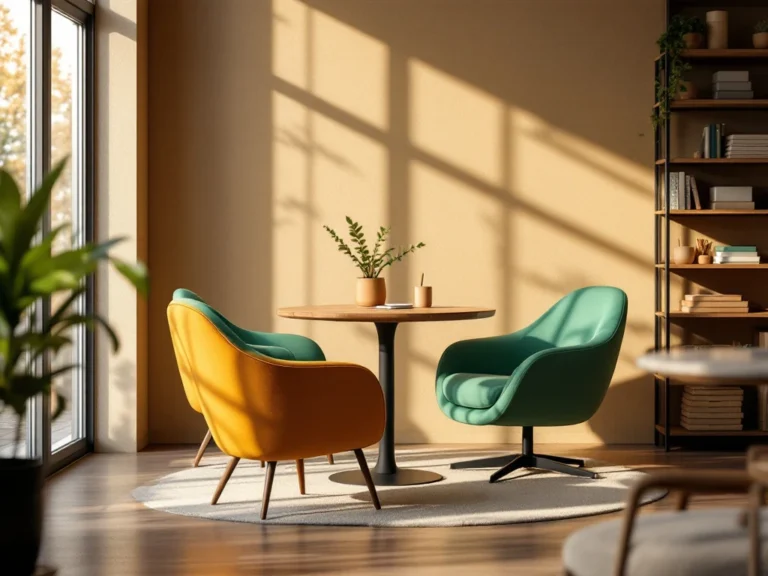 Moderne en uitnodigende kantoorruimte met ergonomische kantinestoel, tafel en natuurlijke verlichting; symboliseert comfort en duurzaamheid.