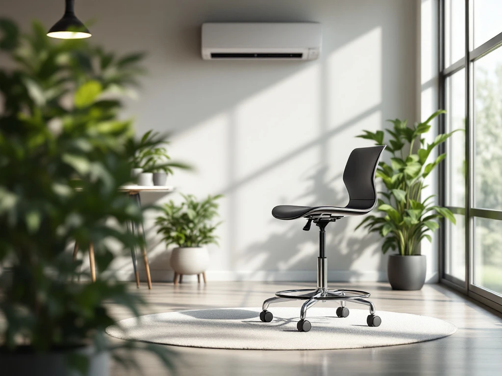 Een fotorealistisch beeld van een stijlvolle zwarte ergonomische kruk in een modern kantoor met natuurlijk licht en groene accenten.