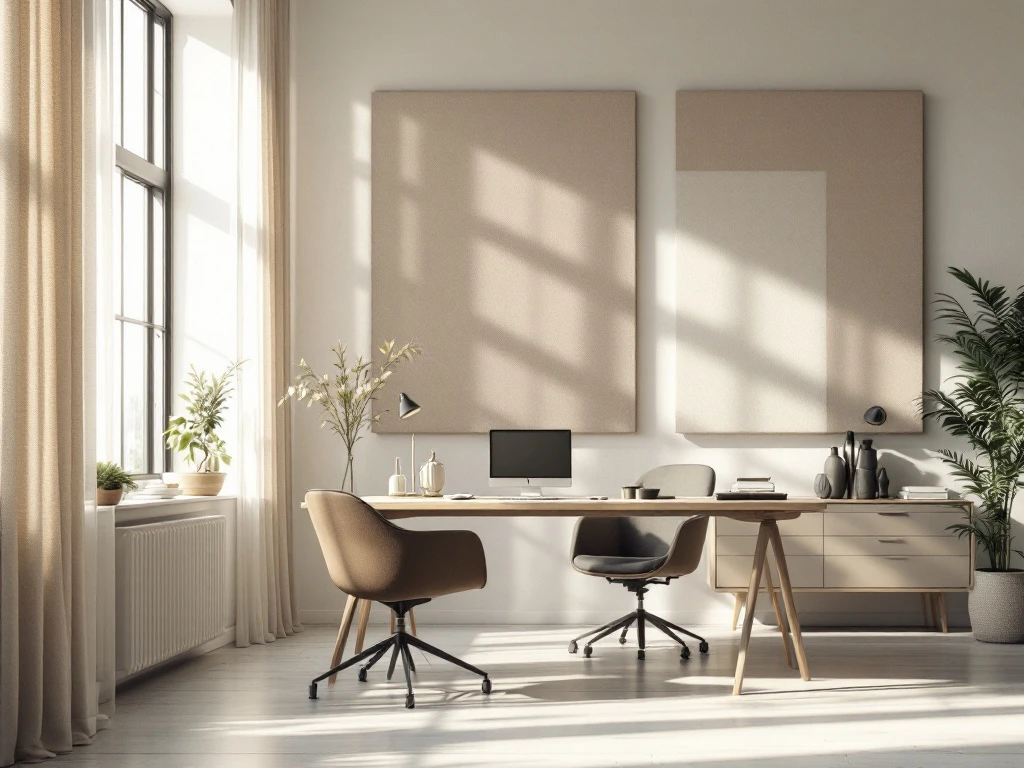 Een modern kantoor met ergonomische stoelen, een stijlvolle desk en akoestische panelen. Warm licht en rustige tinten zorgen voor een productieve sfeer.