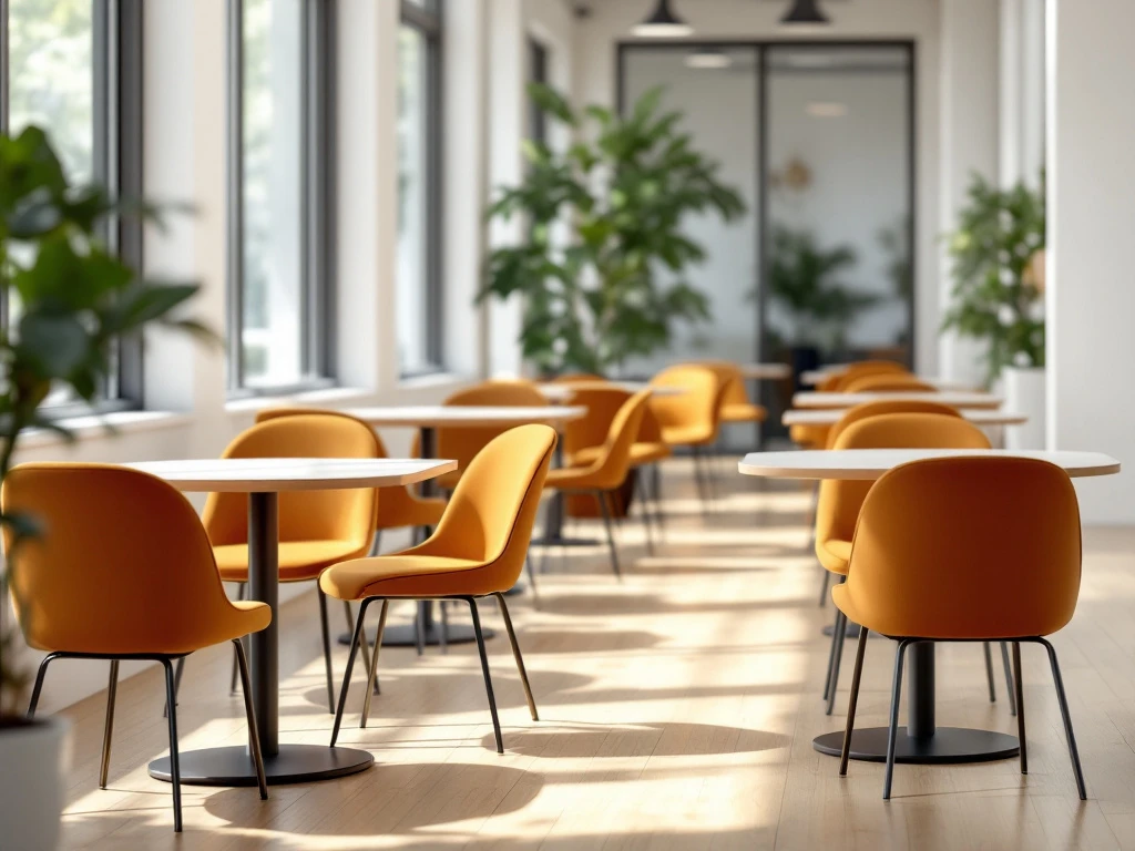 Een moderne, zonnige kantoorcafetaria met ergonomische kantinestoelen rond houten tafels, natuurlijke lichtinval en subtiele groene accenten.