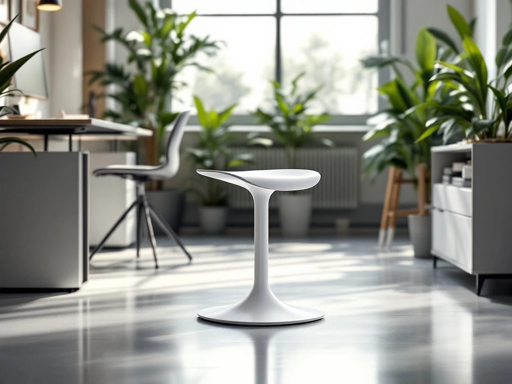 Moderne kantoorruimte met veel licht, een stijlvol ergonomisch krukje, neutrale meubels en groene planten voor een productieve sfeer.