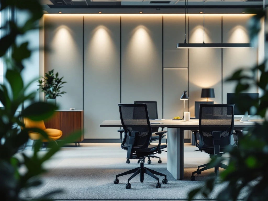 Moderne kantoorruimte met ergonomische meubels en akoestische panelen. Rustige kleuren bevorderen productiviteit en comfort.