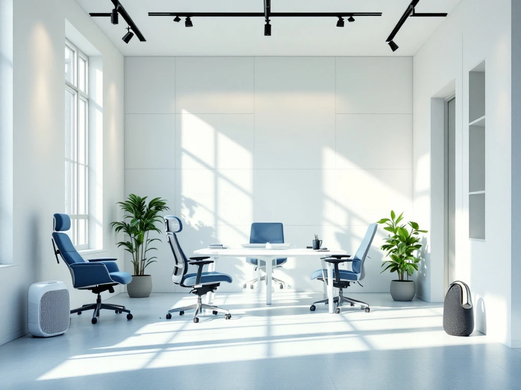 Een moderne kantoorruimte met ergonomische meubels, akoestische panelen en planten, belicht door zacht natuurlijk licht.
