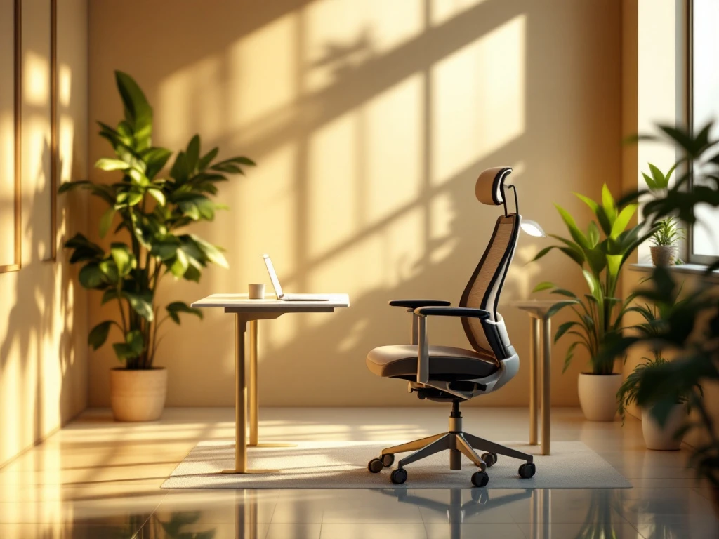 Moderne werkruimte met ergonomische stoel, bureau, LED-verlichting en planten in warm licht, symboliserend gezondheid en productiviteit.