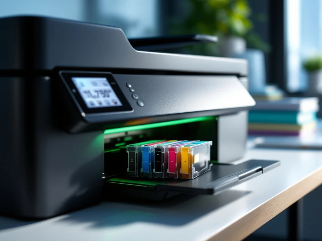 Moderne inkjetprinter met open cartridgevak toont kleurrijke CMYK-cartridges en zwevende inktdruppel. Milieuvriendelijke groene gloed op display benadrukt inktbesparing.