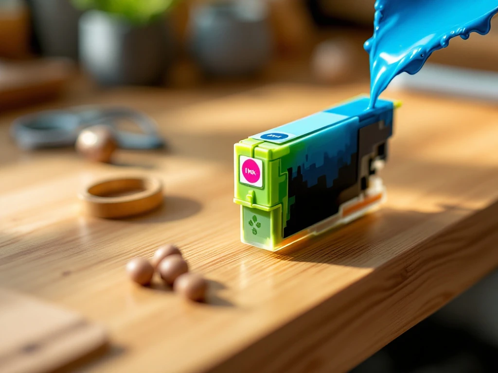 Kleurrijke inktcartridge omwikkeld met groen blad op houten bureau, met recyclebare materialen. Blauwe inktdruppel valt op miniatuurboom, symboliserend milieuvriendelijk printen.