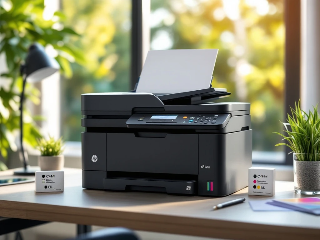 Moderne laserprinter met open kap en kleurrijke inktcartridges. Originele en compatibele verpakkingen met prijskaartjes tonen kostenverschil in lichte kantooromgeving.