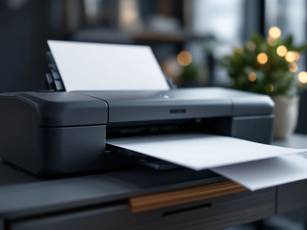 Moderne kantoorprinter naast hoogwaardig printpapier, met zichtbaar contrast tussen premium wit en goedkoop kreukelig papier, in professionele belichting.