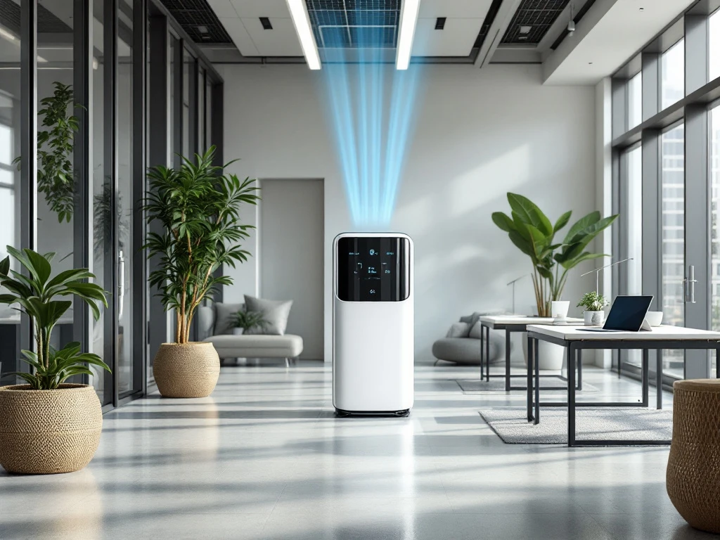 Moderne compacte mobiele airco met A+++ label in lichte kantoorruimte, naast tablet voor slimme bediening, omringd door ergonomische werkplekken en planten.