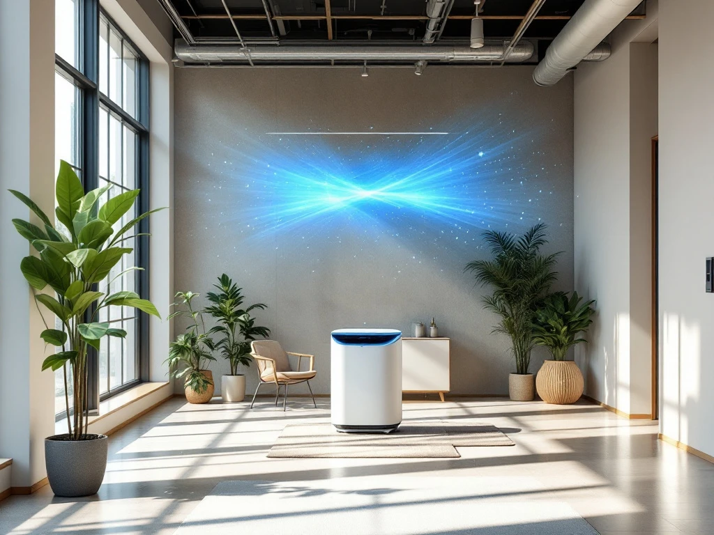 Stijlvolle mobiele airco in modern kantoorinterieur verspreidt koele lucht, met zonlicht door grote ramen en een ergonomische werkplek.