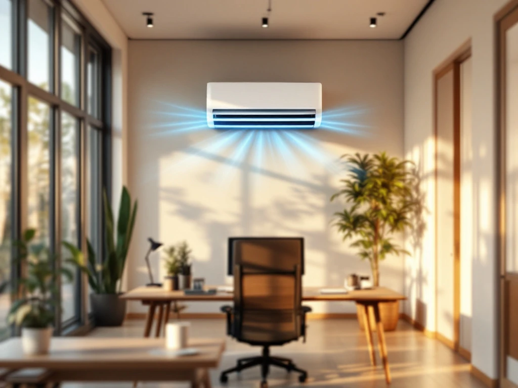 Moderne kantoorruimte met mobiele airconditioner die koele lucht verspreidt, terwijl zonlicht door grote ramen stroomt. Ergonomische werkplek met energiezuinig klimaatbeheer.