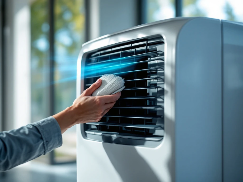 Professioneel onderhouden mobiele airco in moderne kantooromgeving met zichtbaar schone filters, reinigingsproces en condensopvang op een zonnige dag.