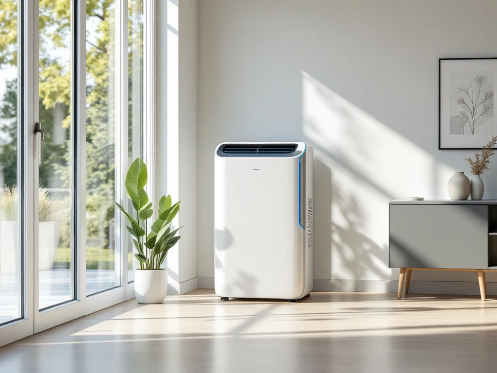 Moderne mobiele airco in zonnige woonkamer naast raampartij, met vaste airco-installatie op achtergrond. Stopcontact benadrukt eenvoudige plaatsing.