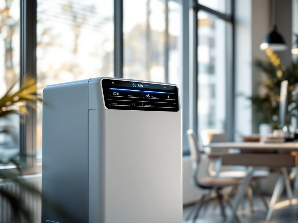 Witte mobiele airconditioner in modern Nederlands kantoor, toont energieverbruik in kWh, naast een computerbureau met zonlicht door de ramen.