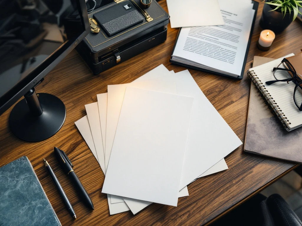 Hoogwaardige papiersoorten in waaieropstelling met zakelijke drukwerk, visitekaartjes en brochures op elegant houten bureau. Vulpen en papiermonsters tonen textuurverschillen.