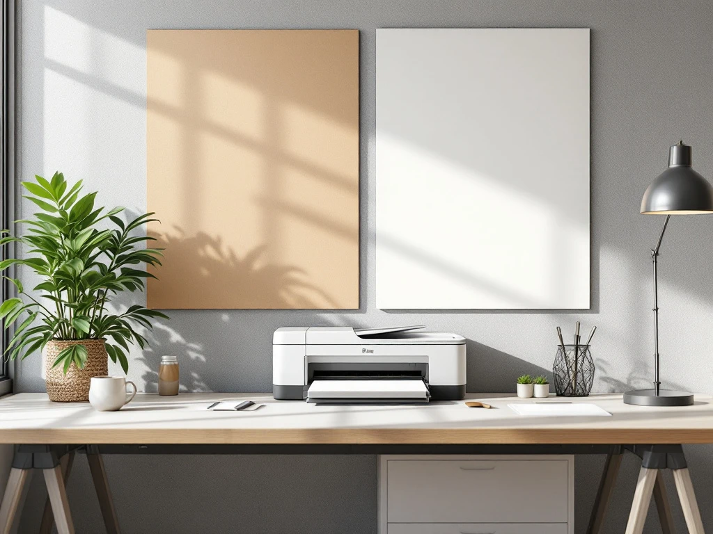 Vergelijking van gerecycled grijzig printpapier en helder wit regulier papier op een minimalistisch kantoorbureau met plant en printer op de achtergrond.