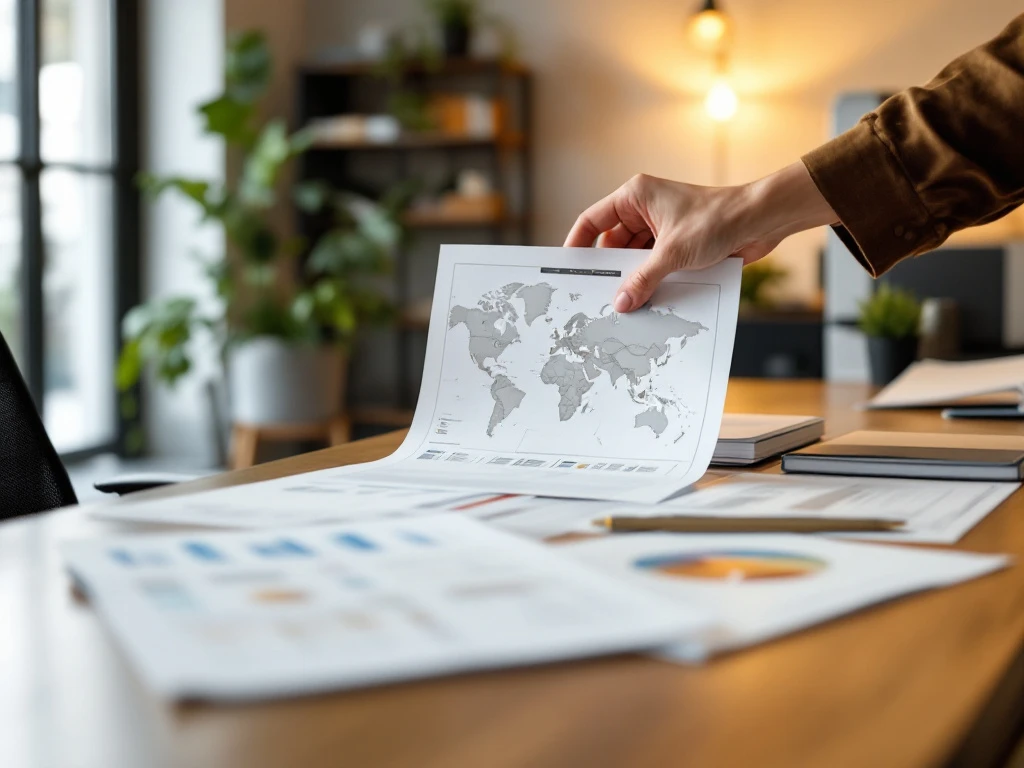 Diverse printpapiersoorten elegant uitgespreid op een modern kantoorbureau, met laserprinter op achtergrond en een hand die een vel in documentenmap plaatst.