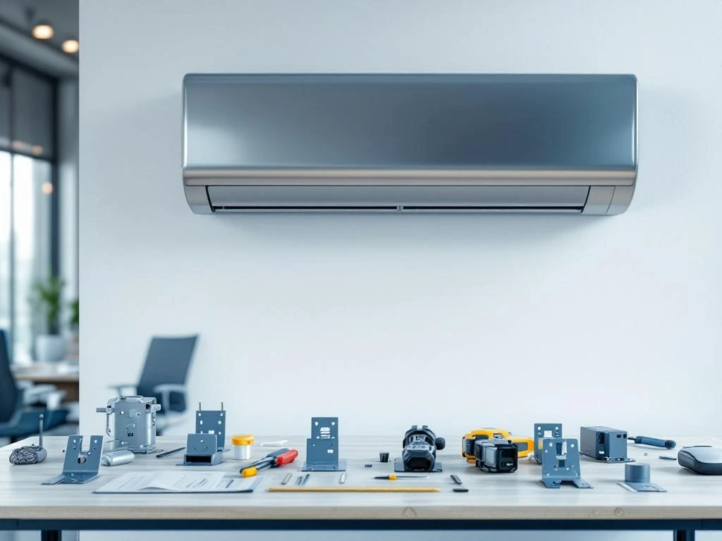 Moderne airconditioner wordt geïnstalleerd op kantoorwand met gereedschap en montagemateriaal op bureau
