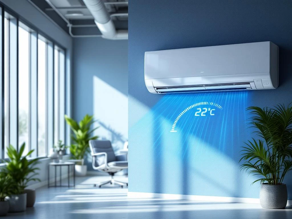 Moderne witte airconditioning op kantoorwand toont 22°C temperatuur in hedendaagse werkruimte met natuurlijk licht
