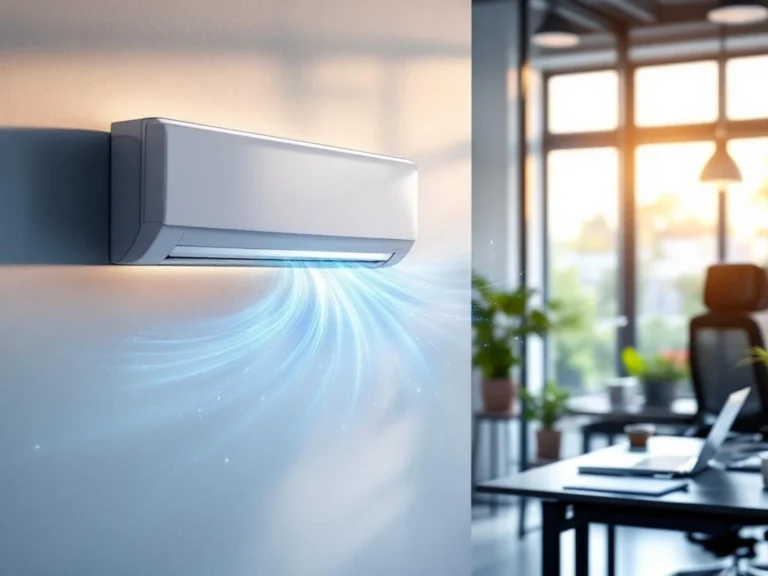 Witte airconditioning unit op kantoorwand met zichtbare koude luchtstromen, moderne werkplek met ergonomische stoel op voorgrond.