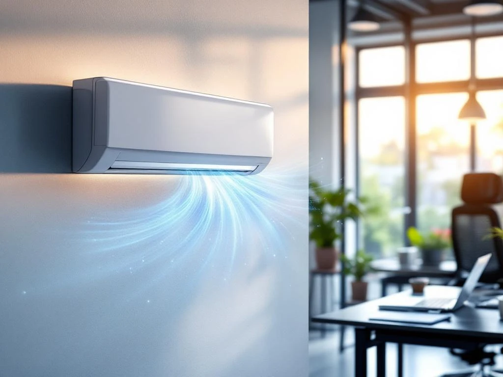 Witte airconditioning unit op kantoorwand met zichtbare koude luchtstromen, moderne werkplek met ergonomische stoel op voorgrond.