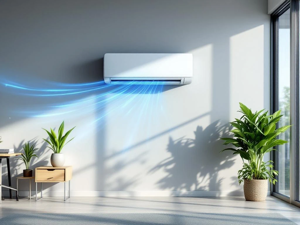 Moderne kantooromgeving met witte airconditioning aan muur, blauwe luchtstromen, planten en ergonomisch meubilair