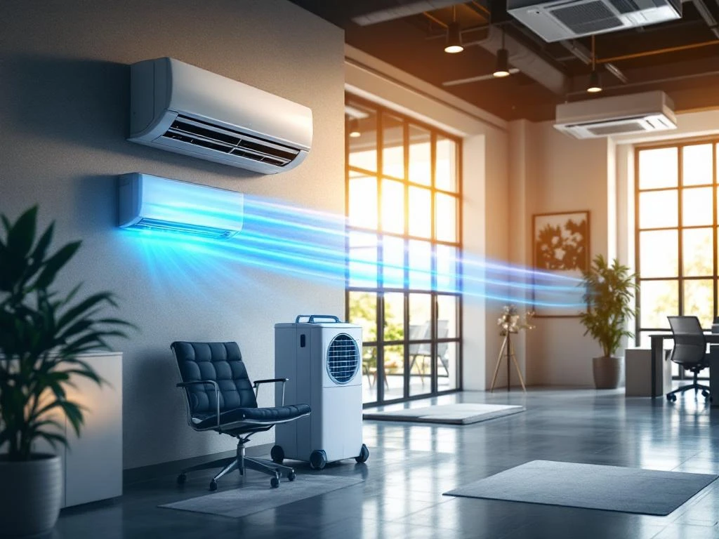 Moderne kantoorruimte met verschillende airconditioningsystemen: wandgemonteerde split-unit, mobiele en plafond-units